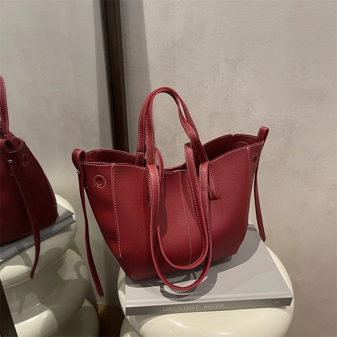 Damen Koreanisch Lässig Große Kapazität PU Leder Tragetasche Lychee Muster Kontrastnähte Minimalistische Schultertasche Für Tägliche Pendler