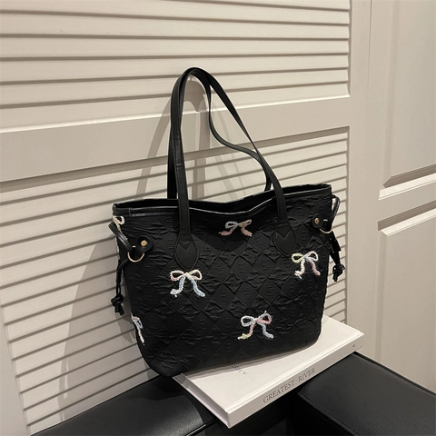 Bolso Tote Acolchado con Lazo Bordado para Mujer Gran Capacidad Cuero PU Bolso de Hombro para Viaje Al Trabajo Ocio