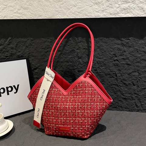 Dames Vintage Tweed Geruite Tote Bag Grote Capaciteit V-Hals Schoudertas Contrast PU Leren Handvat Geweven Boodschappentas
