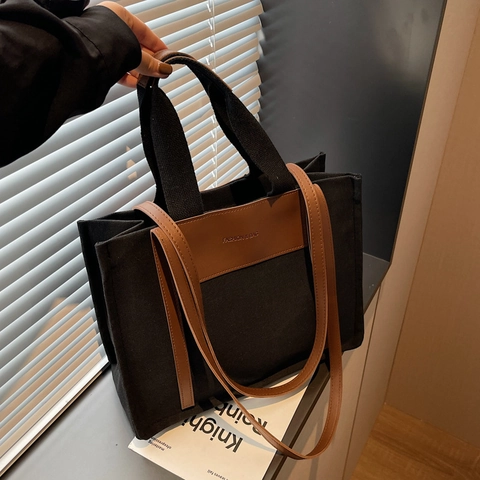 Grote Capaciteit Canvas Tote Tas Voor Vrouwen Stijlvolle Contrastkleur Woon-werkverkeer Schoudertas Met Kunstleer Handvat Tas