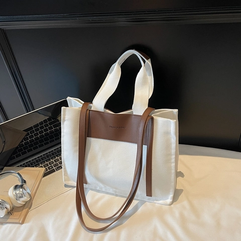 Grote Capaciteit Canvas Tote Tas Voor Vrouwen Stijlvolle Contrastkleur Woon-werkverkeer Schoudertas Met Kunstleer Handvat Tas