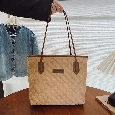 Borsa a Spalla Donna con Motivo a Diamante Trapuntato Borsa Tote in Pelle PU di Grande Capacità Casual Urbana Semplice