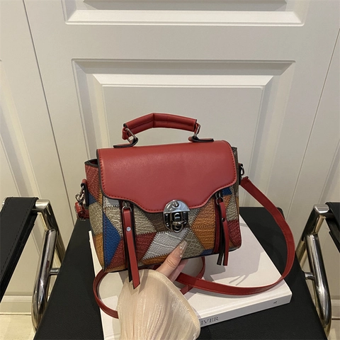 Borsa a Spalla in Pelle PU Patchwork Vintage per Donna Borsa a Mano Geometrica Multicolore Con Chiusura in Metallo a Tracolla
