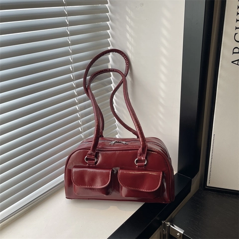 Bolso de Hombro de Cuero PU Retro para Mujer Gran Capacidad Color Sólido Doble Bolsillo Delantero Bolso de Axila Moda