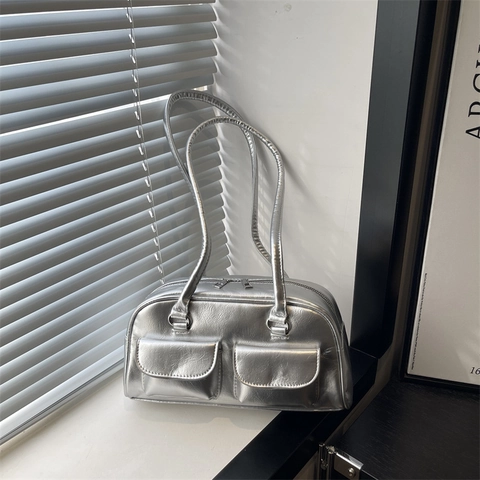 Bolso de Hombro de Cuero PU Retro para Mujer Gran Capacidad Color Sólido Doble Bolsillo Delantero Bolso de Axila Moda