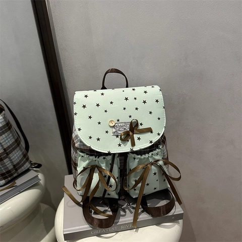 Zaino da Donna in Stile Coreano con Motivo a Stelle e Quadri con Fiocco Dolce Grande Capacità Borsa da Scuola in PU