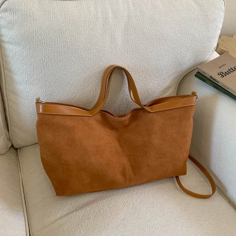 Vintage Suede Large Capacity Tote Bag For Women Solid Color Retro Shoulder Bag Simple Commuting Hobo Bag Autumn Fashion Handbag