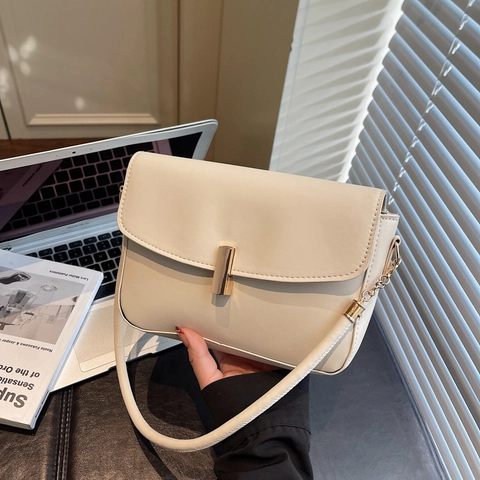 Retro Minimalist PU Leather Shoulder Bag For Women 2025 Trendy Commuter Crossbody Underarm Bag With Gold Metal Lock Closure