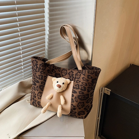 Women Large Capacity Leopard Print Tote Bag With 3D Plush Bear Decor Casual Daily Commute Shoulder Bag Fashion PU Handbag