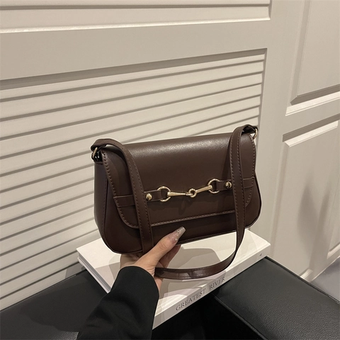 Bolso Sobaco de Cuero PU para Mujer Bolso de Hombro con Solapa de Mocado de Metal Vintage Color Sólido Elegante Bolso de Mano para Mujer Versátil