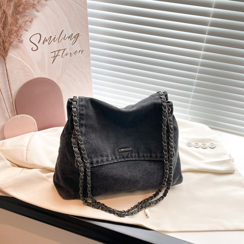 Vintage Denim Schultertasche Mit Großer Kapazität Für Damen Retro Gewaschene Messenger Crossbody Tasche Mit Metallkette