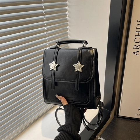 Fashion Star Buckle Women Mini Backpack PU Leather Small Square Shoulder Bag Y2K Multi-functional Travel Daypack For Ladies