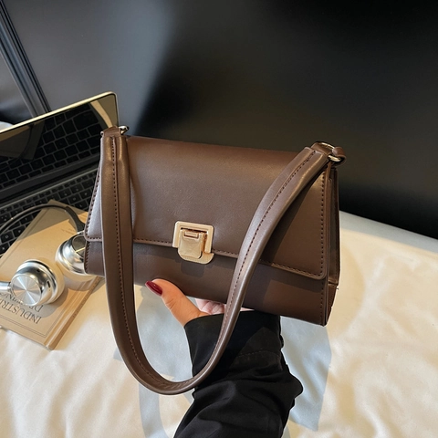 Bolso de Axila para Mujer Retro Cuero PU Minimalista Color Sólido Bolso de Hombro Con Cierre de Metal Bolso Baguette
