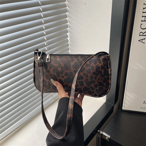 Borsa a Tracolla da Donna in Pelle PU con Stampa Leopardata Borsa Sottoascellare Retrò Baguette Borsa a Tracolla di Grande Capacità Moda Quotidiana