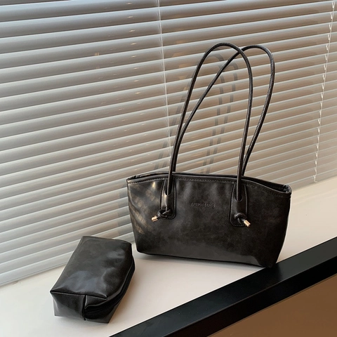 Borsa Tote e Pochette Vintage in Pelle PU Grande Capacità Con Rilievo Lettere e Dettaglio Nodo per Donna Ufficio Quotidiano