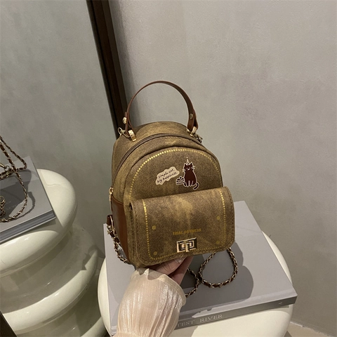 Mini Sac à Dos pour Femmes Mode Mignon Chat de Dessin Animé Imprimé en Cuir PU Denim Sac à Bandoulière Multi-Usage