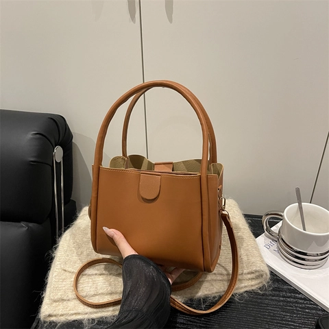 Bolso de Cubo Minimalista de Cuero PU para Mujer Retro Color Sólido Bolso de Hombro Gran Capacidad Oficina Diario Mano