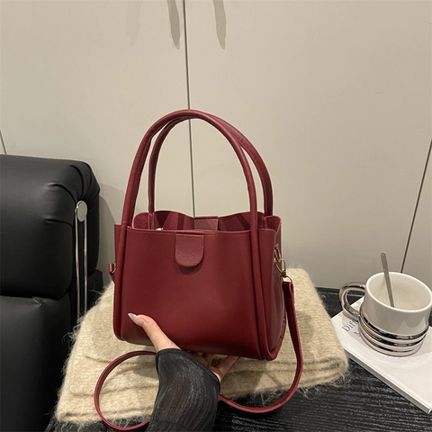 Bolso de Cubo Minimalista de Cuero PU para Mujer Retro Color Sólido Bolso de Hombro Gran Capacidad Oficina Diario Mano