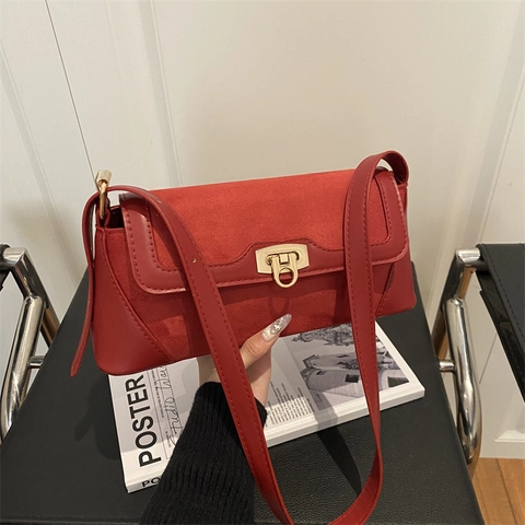 Borsa a Tracolla in Pelle PU Splicing Retro Francese Chiusura Oro Elegante Borsa Sottobraccio Baguette Donna Borsa a Mano Minimalista