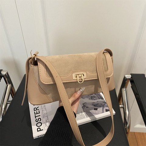 Borsa a Tracolla in Pelle PU Splicing Retro Francese Chiusura Oro Elegante Borsa Sottobraccio Baguette Donna Borsa a Mano Minimalista