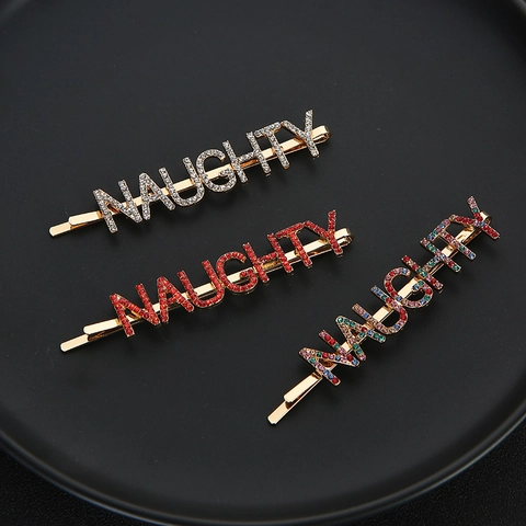 Mode Legering Strass NAUGHTY Letter Haarclip Goudkleurig Glinsterende Kristallen Schuifspeldje Voor Dames Feest Dagelijkse Haaraccessoires