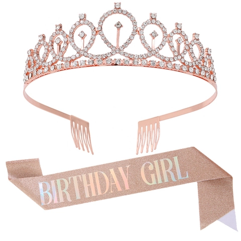 Set Corona e Fascia Compleanno Donna Oro Rosa Oro Argento Lega Strass Tiara Accessori Festa Glitter
