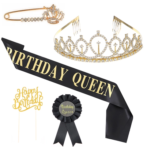 Geburtstagsfeier Zubehör Krone Schärpe Abzeichen Tortenaufsatz Pin Gold Schwarz Feierliches Zubehör Für Damen Mädchen Jubiläum