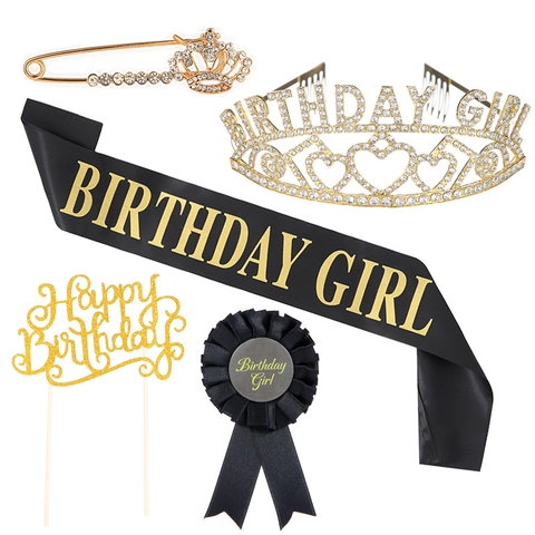 Set di Decorazioni per Feste Birthday Girl con Corona di Strass Fascia di Raso Distintivo Decorazione per Torta Spilla Nero Oro