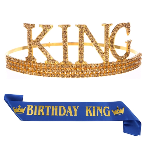 Ensemble Couronne et Écharpe Birthday King pour Hommes Couronne en Métal Strass Or Argent et Écharpe en Satin Décoration Anniversaire