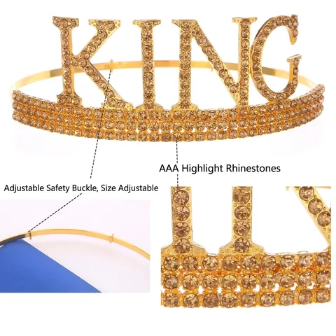 Ensemble Couronne et Écharpe Birthday King pour Hommes Couronne en Métal Strass Or Argent et Écharpe en Satin Décoration Anniversaire