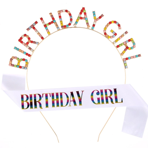 Juego de Diadema de Cumpleaños y Banda de Satén Letras de Aleación Diamantes de Imitación Diadema Decoraciones para Mujeres Niñas