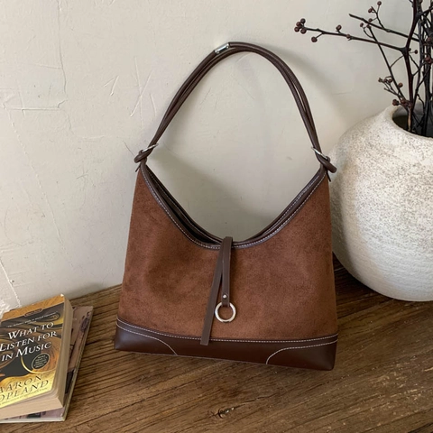Women Suede PU Leather Splicing Shoulder Bag Large Capacity Minimalist Retro Hobo Bag For Daily Office Commute