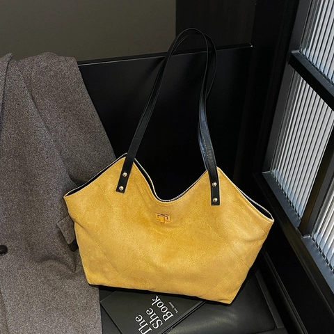 Retro Wildleder Tragetasche Für Damen Rautenmuster Große Kapazität Shopper Pendler Schultertasche Mit Metallverschluss