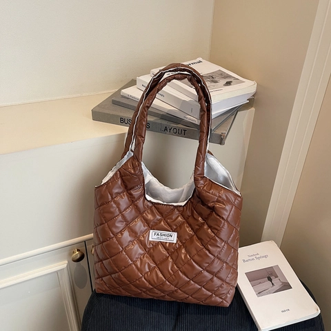 Damen Gesteppte Puffer Tote Bag Große Kapazität Einfarbig Rautenmuster PU Schultertasche Lässige Pendler Handtasche