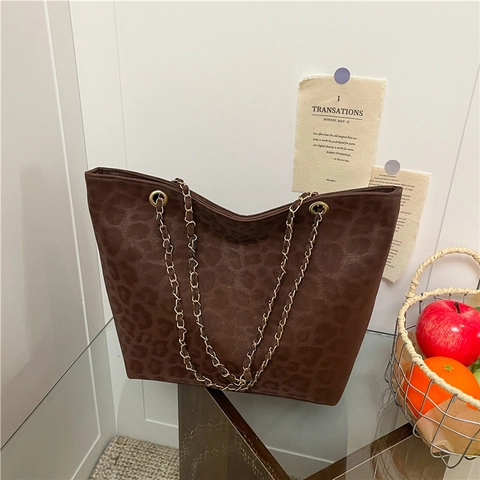Damen Leopard Muster Einkaufstasche Mit Großer Kapazität Wildlederimitat PU Leder Schultertasche Mit Kette Mode Handtasche
