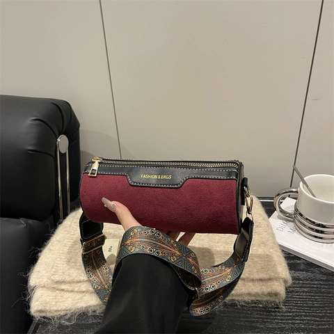 Women Suede Texture PU Leather Cylinder Shoulder Bag With Wide Printed Strap Crossbody Bucket Bag Minimalist Daily Handbag