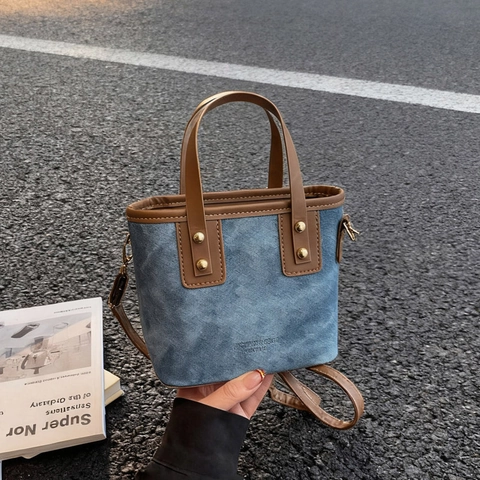 Dames Vintage PU Leer Splicing Emmer Tas Grote Capaciteit Casual Schouder Crossbody Tas Handtas Voor Dagelijks Gebruik