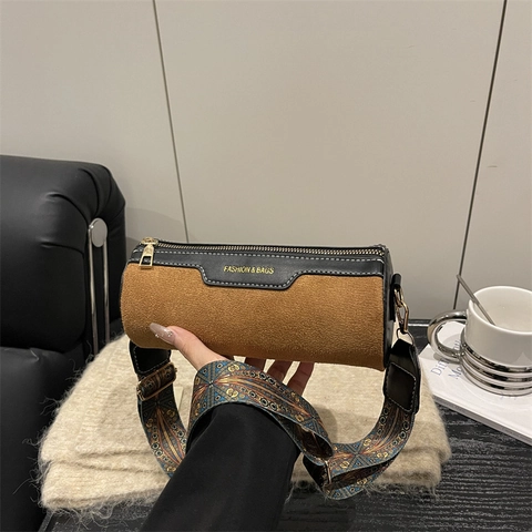 Women Suede Texture PU Leather Cylinder Shoulder Bag With Wide Printed Strap Crossbody Bucket Bag Minimalist Daily Handbag