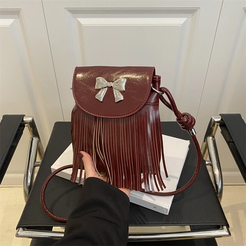 Women PU Leather Shoulder Bag Metal Bow Decoration Long Tassels Crossbody Small Square Bag Large Capacity Phone Bag