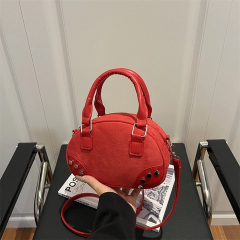 Bolso Bowling Retro PU Mujeres con Remaches Simple Bolso de Mano Bandolera Vintage Color Sólido Versátil Diario Chicas