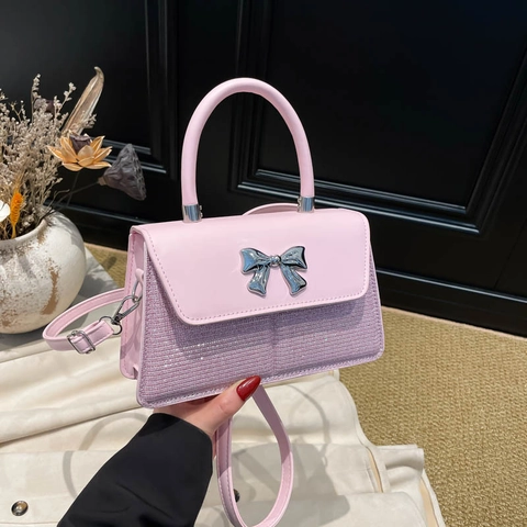 Moda Fiocco Paillettes Patchwork Pelle PU Piccola Borsa a Tracolla Quadrata Donna Dolce Borsa a Mano per Uso Quotidiano Festa Appuntamenti