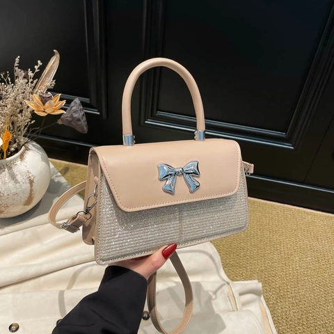 Moda Fiocco Paillettes Patchwork Pelle PU Piccola Borsa a Tracolla Quadrata Donna Dolce Borsa a Mano per Uso Quotidiano Festa Appuntamenti