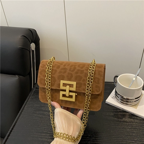 Borsa a Spalla da Donna con Stampa Leopardata in PU Catena Dorata Serratura a Quadrato Borsa a Tracolla Urban Chic