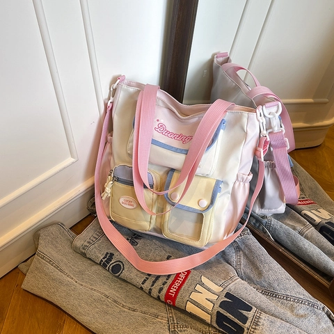 Japanse Stijl Lichtgewicht Canvas Schoudertas Voor Dames Contrastkleur Tote Bag Met Verstelbare Riem Casual Reishandtas