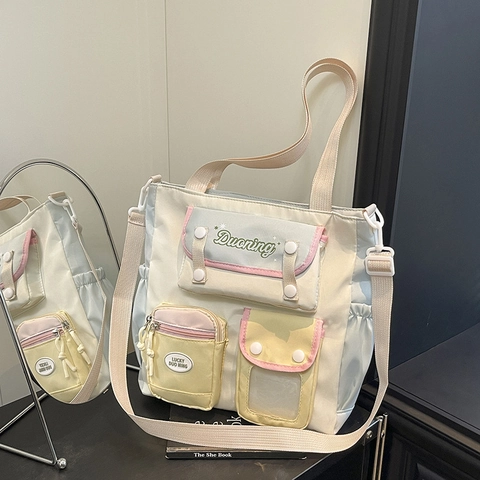 Japanse Stijl Lichtgewicht Canvas Schoudertas Voor Dames Contrastkleur Tote Bag Met Verstelbare Riem Casual Reishandtas