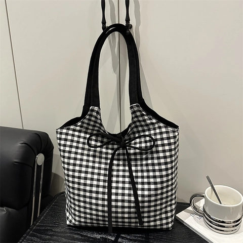 Borsa a Spalla da Donna in Nylon ad Alta Capacità Tote Bag Reversibile a Quadri Con Decorazione a Fiocco Semplice Handbag