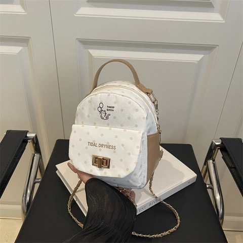 Lindo Mini Mochila de Lunares Para Mujeres Niñas PU Lona Gato Dibujos Animados Impresión Moda Ligero Viaje Pequeña Mochila