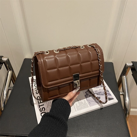 Moda Donna Trapuntato Blocchi Borsa a Tracolla in Pelle PU Semplice Quadrata Borsa Crossbody Con Tracolla a Catena Serratura Minimalista
