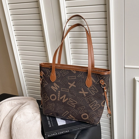 Borsa Tote Grande Capacità Moda Stampa Monogramma Alfabeto Pelle PU Borsa a Tracolla Cerniera Urban Semplice Borsa a Mano