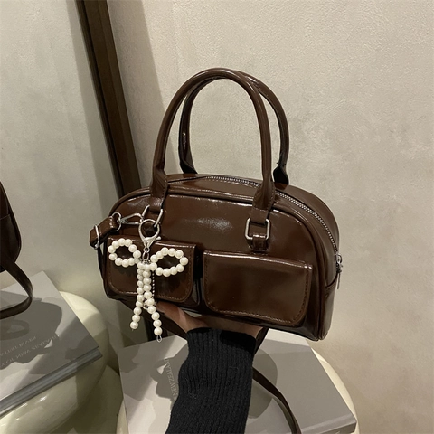 Damen Retro Boston Handtasche Große Kapazität PU Leder Schulter Umhängetasche Mit Künstliche Perle Bogen Charme Mode Pendeln Satchel